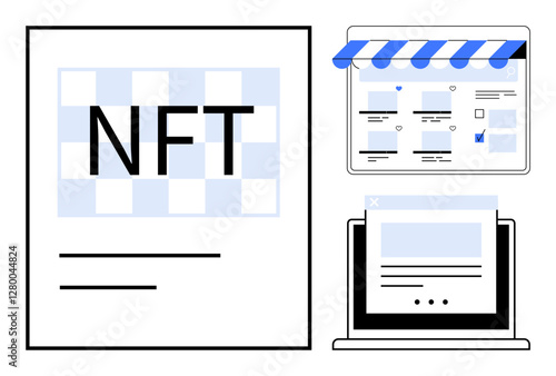 NFT text with digital design, storefront with awning, and laptop with webpage. Ideal for blockchain, e-commerce, digital art, virtual ownership, online transactions, web development abstract line