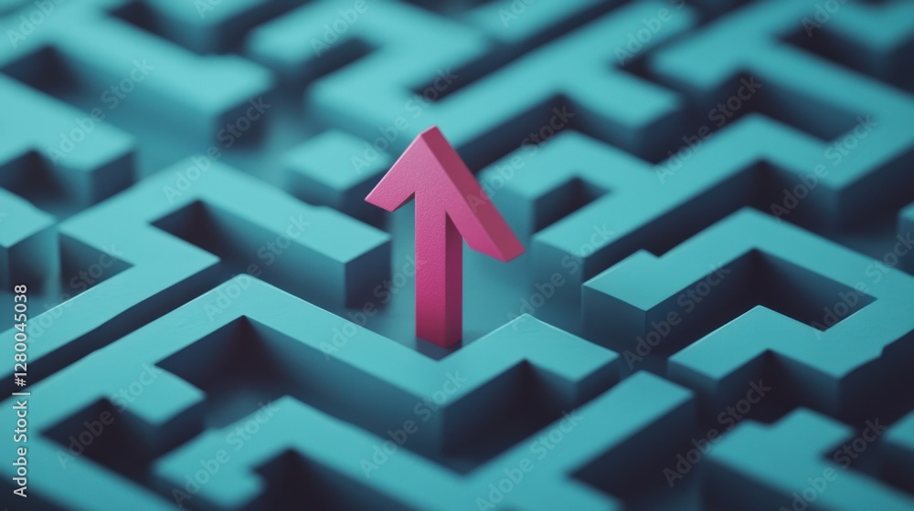 A vibrant pink arrow pointing upwards in a complex blue maze, symbolizing direction and clarity A vibrant pink arrow pointing upwards in a complex blue maze, symbolizing direction and clarity