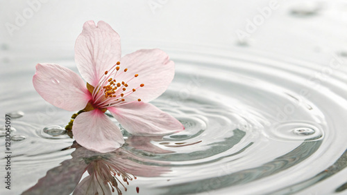 Delicate Cherry Blossom Petal Floating on Rippled Water Surface with Soft Reflections