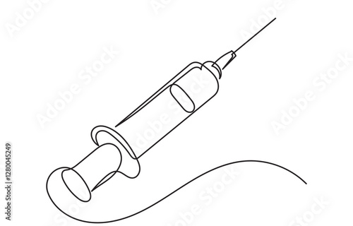 Continuous line drawing of a syringe with. Medical syringe isolated on white background. Health and medical concepts.single-line medical disposable syringe with needle.Vaccine vial and syringe.