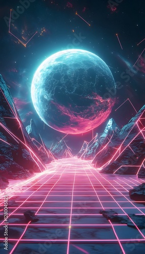 A Futuristic Landscape Featuring a Planet and Neon Lights