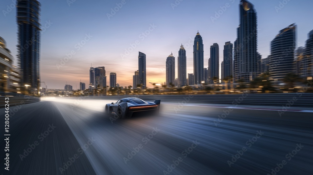 Fototapeta premium Drag racing car speeding past a sleek modern skyline at dusk. Featuring power and elegance