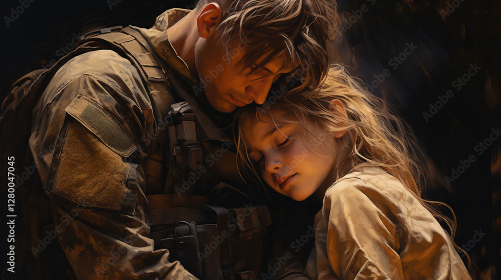 Soldier hugging sad little daughter while leaving for war. A man rescues and calms a frightened child during the fighting. Soldier hugging sad little daughter while leaving for war. A man rescues and calms a frightened child during the fighting.