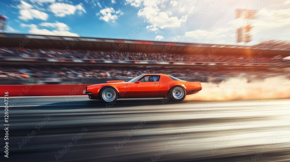 Obraz premium Drag racing car speeding past the grandstands. Featuring excitement and speed