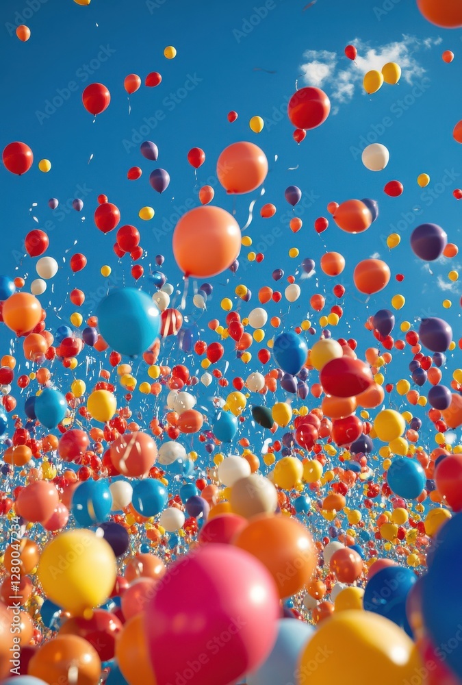 Vibrant and Colorful Balloons Floating Against a Clear Blue Sky, Capturing the Joyful Essence of Celebrations and Special Moments in Life Vibrant and Colorful Balloons Floating Against a Clear Blue Sky, Capturing the Joyful Essence of Celebrations and Special Moments in Life