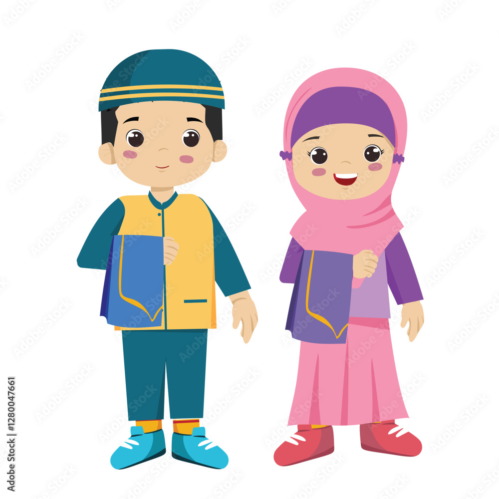 Muslim Kids Umar and Fairuz Holding sajada for Tarawih Prayer Muslim Kids Umar and Fairuz Holding sajada for Tarawih Prayer