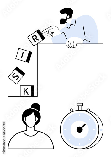 Man tipping blocks spelling RISK over an edge, timer symbolizing urgency, woman contemplating decisions. Ideal for risk management, decision-making, time pressure, leadership, problem-solving