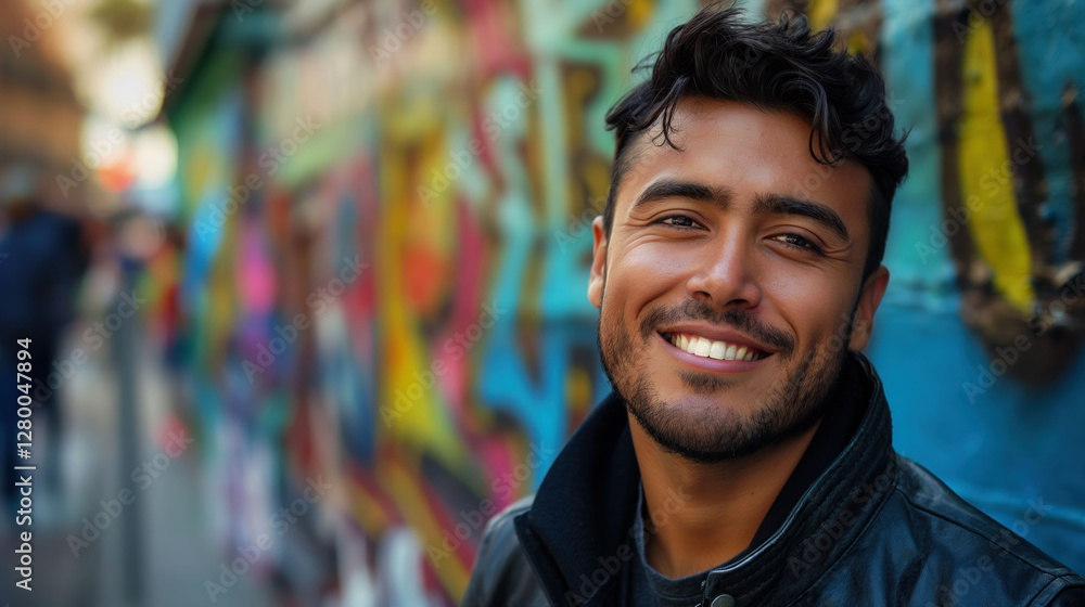 Fototapeta premium Charismatic Hispanic man smiles confidently in front of vibrant urban graffiti