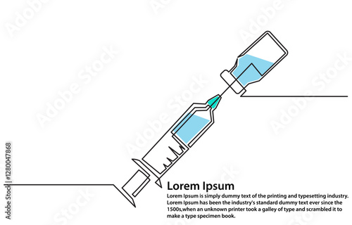 Continuous line drawing of a syringe with a vaccine tube. Medical syringe isolated on white background. Health and medical concepts.single-line medical disposable syringe with needle.Vaccine vial.