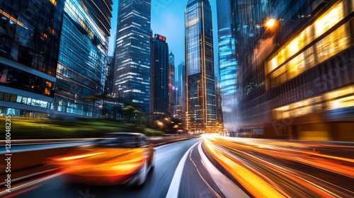 Fototapeta Naklejka Na Ścianę i Meble -  Drag racing car speeding through a city with towering skyscrapers. Featuring technology and energy
