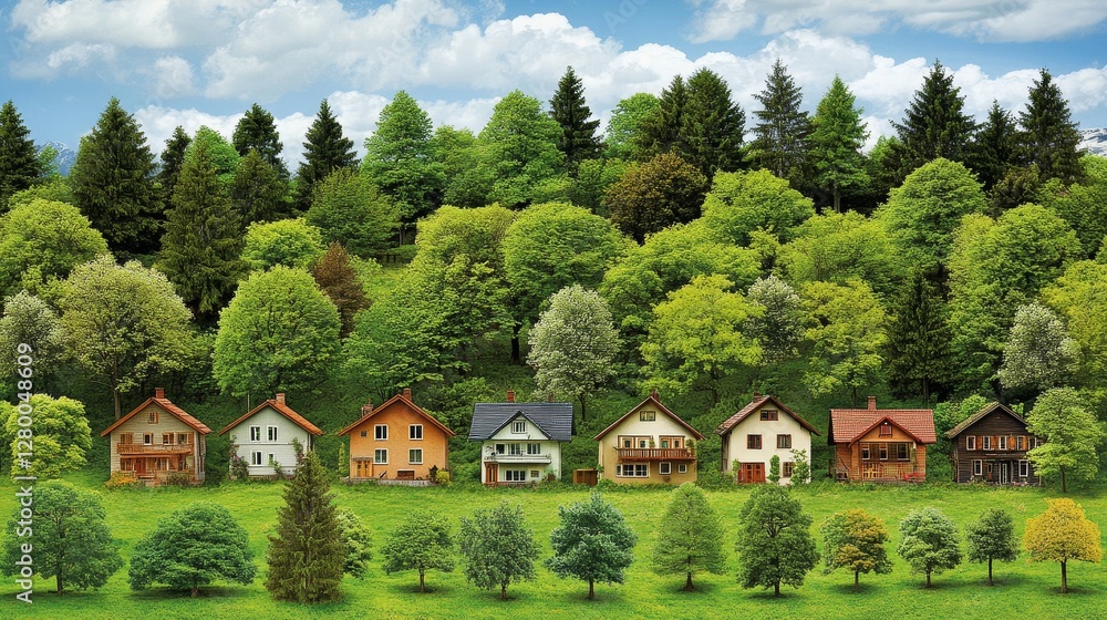 Fototapeta premium Enchanting Forest Hamlet Miniature Houses Nestled Amidst Lush Greenery and Forest Landscape Dreamy Whimsical Scenery