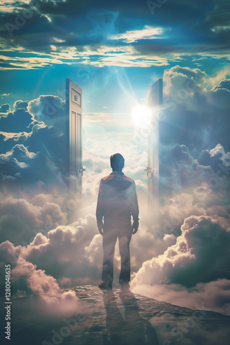A serene image depicting a man standing at the gates of heaven, gazing thoughtfully at the doors to the afterlife amid soft, fluffy clouds in the blue sky, evoking themes of faith and reflection.