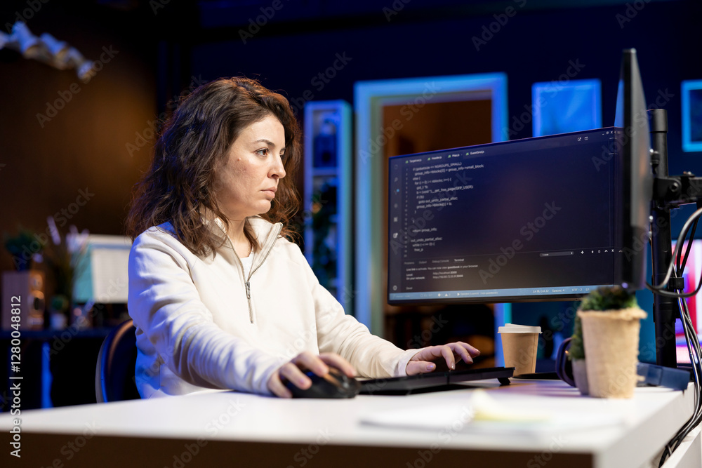 Woman in living room working from home implementing security measures to protect company systems and data. Tech support staff member writing, testing and debugging code for software applications Woman in living room working from home implementing security measures to protect company systems and data. Tech support staff member writing, testing and debugging code for software applications