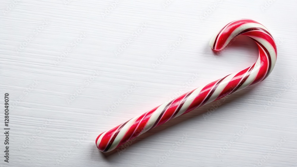 Fototapeta premium Colorful candy cane lying on a white background with red and white stripes