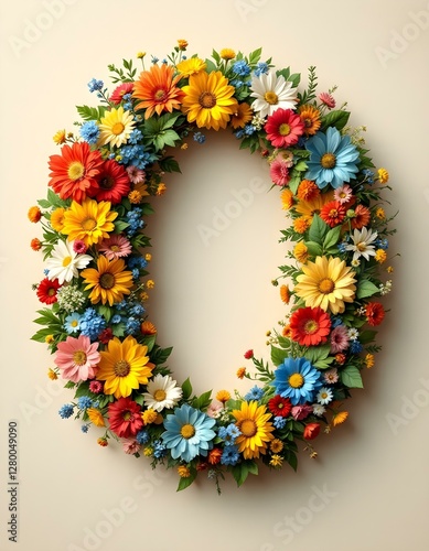letter, O, floral, flowers, vibrant, colorful, artistic, elegant, design, organic, natural, red, yellow, pink, blue, white, blooms, green, leaves, accents, beige, background, soft, texture, warm,