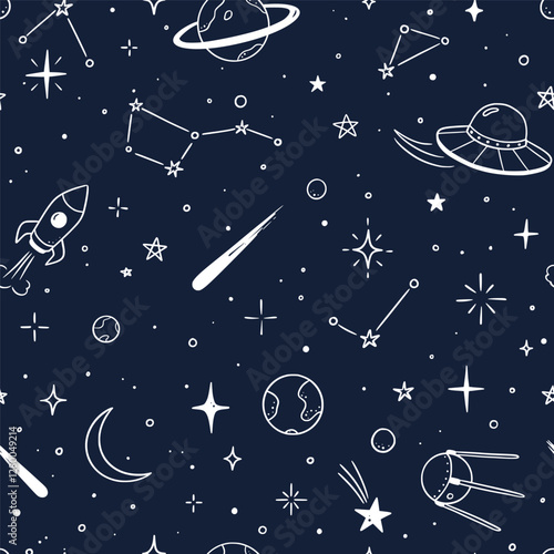 Space star galaxy vector seamless pattern. Hand drawn doodle sketch line style galaxy planet star, rocket, moon cute sky background. Space planet kid doodle universe pattern. Vector illustration