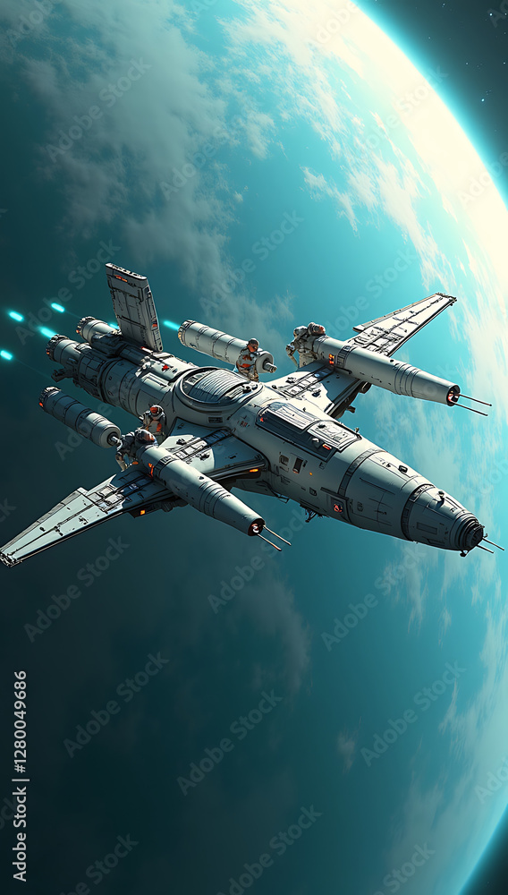 Naklejka premium A dynamic 3D-rendered illustration of a futuristic space station orbiting a distant planet, with spacecraft docking and astronauts working outside. 