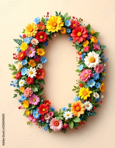 letter, O, floral, flowers, vibrant, colorful, artistic, elegant, design, organic, natural, red, yellow, pink, blue, white, blooms, green, leaves, accents, beige, background, soft, texture, warm,