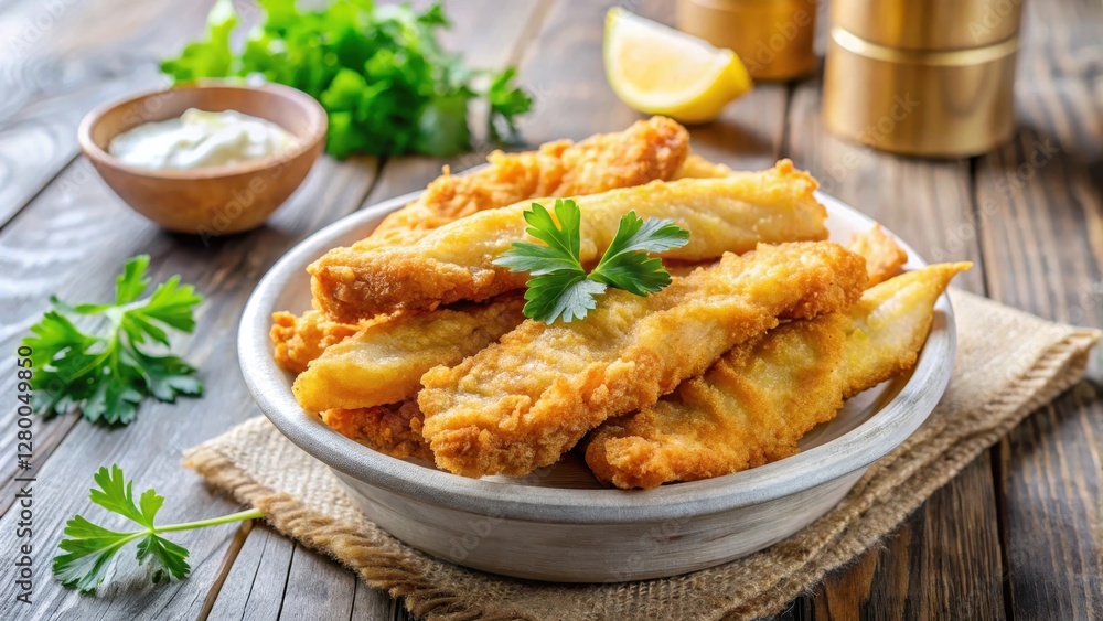 Fresh organic fish strips coated in light and airy batter, golden brown and crispy on the outside, juicy on the inside , healthy, lunch Fresh organic fish strips coated in light and airy batter, golden brown and crispy on the outside, juicy on the inside , healthy, lunch