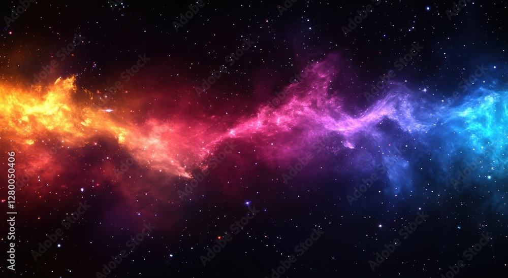 Naklejka premium Vibrant Cosmic Nebula With Colorful Gas Clouds Illuminating The Dark Universe Full Of Stars Captured In Stunning Detail For Space Enthusiasts And Artists