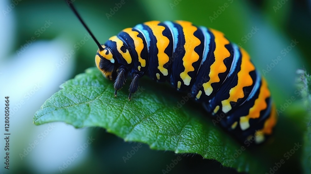 Naklejka premium Vibrant pipevine swallowtail caterpillar on a green leaf.