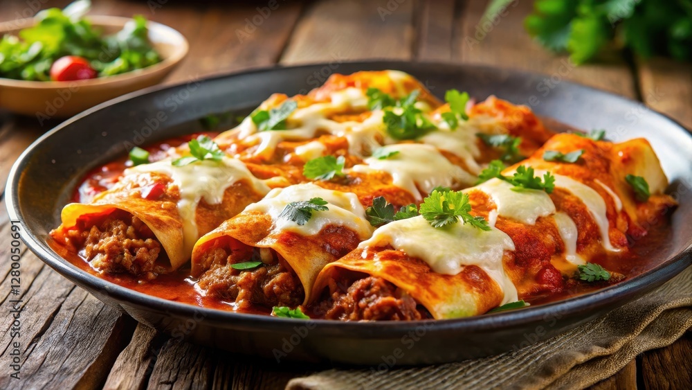 A steaming plate of enchiladas filled with tender beef and smothered in a rich red sauce, topped with a generous sprinkle of melted cheese and fresh cilantro, red sauce, homemade enchiladas A steaming plate of enchiladas filled with tender beef and smothered in a rich red sauce, topped with a generous sprinkle of melted cheese and fresh cilantro, red sauce, homemade enchiladas