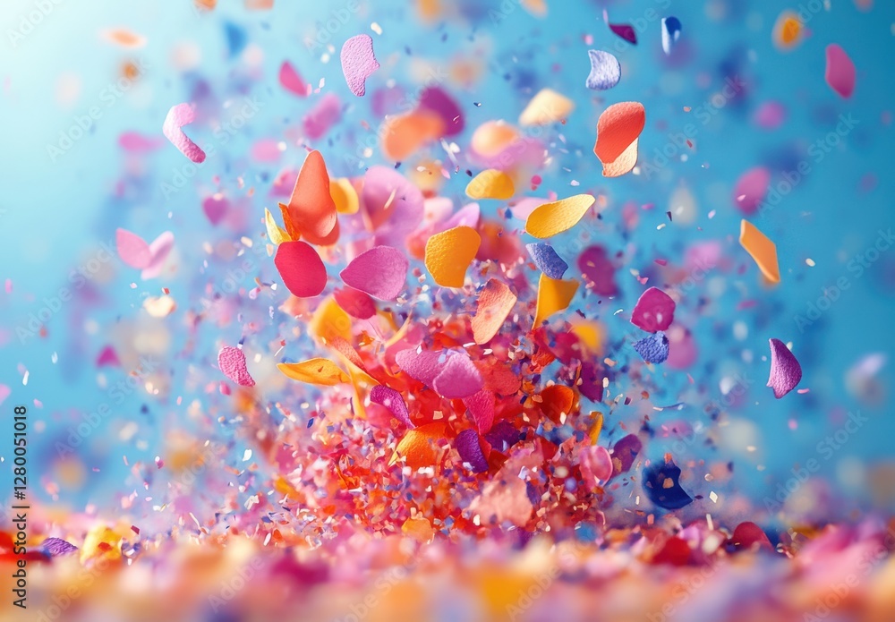 Vibrant Explosion of Colorful Confetti in Motion Against a Soft Blue Background for Celebratory Events and Festive Occasions Vibrant Explosion of Colorful Confetti in Motion Against a Soft Blue Background for Celebratory Events and Festive Occasions