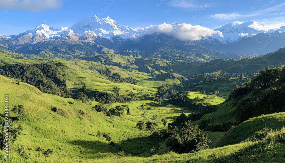 Fototapeta premium Snow Capped Mountain Range Overlooking Lush Green Valley