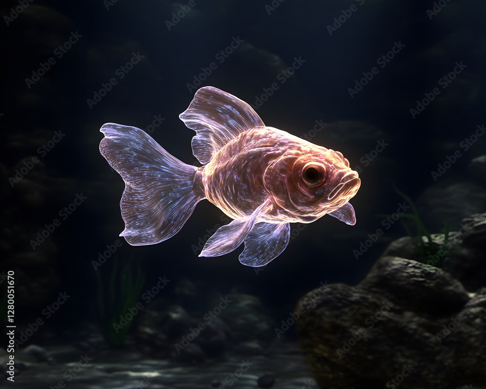Fototapeta premium futuristic, translucent fish swimming gracefully in dark underwater scene