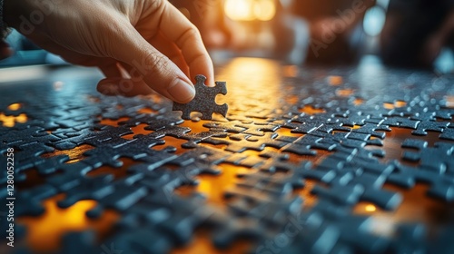 Close-up of hand placing puzzle piece onto a large jigsaw puzzle.
