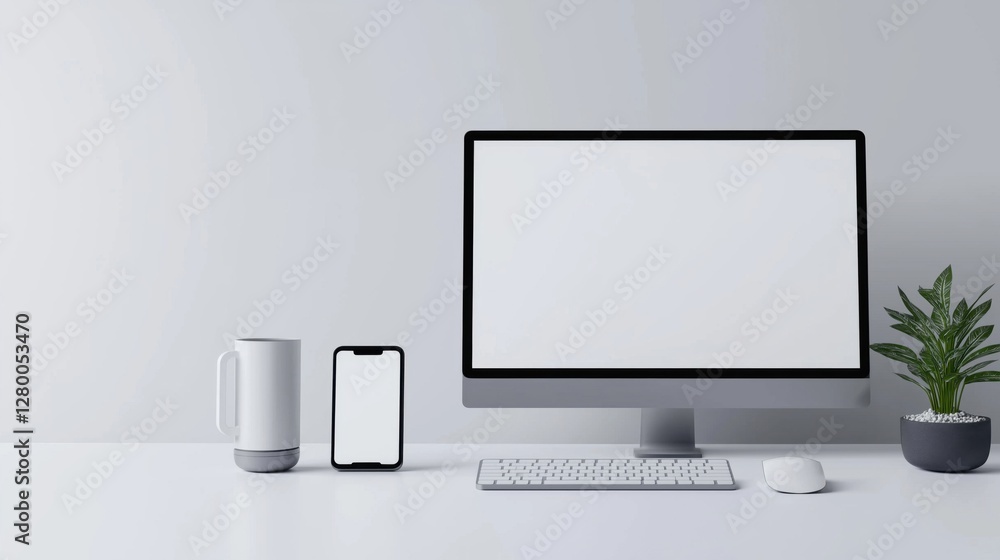 destkop monitor, white keyboard, mouses and smartphone with blank white screen. Blurred white desk home office background destkop monitor, white keyboard, mouses and smartphone with blank white screen. Blurred white desk home office background