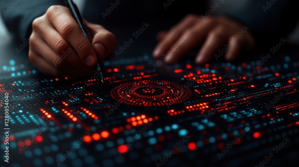 Naklejka premium Person designing futuristic interface with stylus on glowing digital tablet.