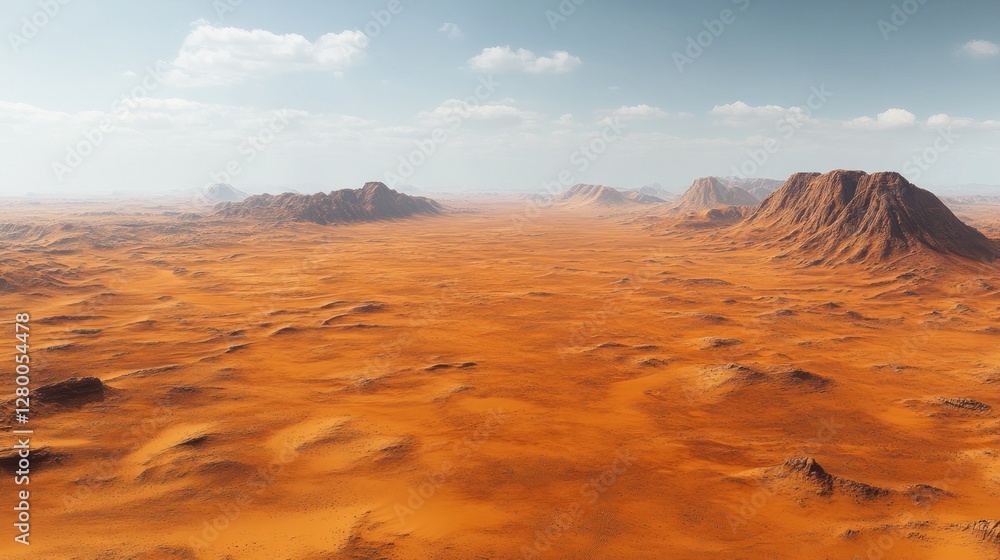 Naklejka premium Expansive desert landscape with distant mountains under a partly cloudy sky.