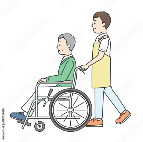 車椅子の高齢男性と介助ををする若い女性の横向きイラスト
