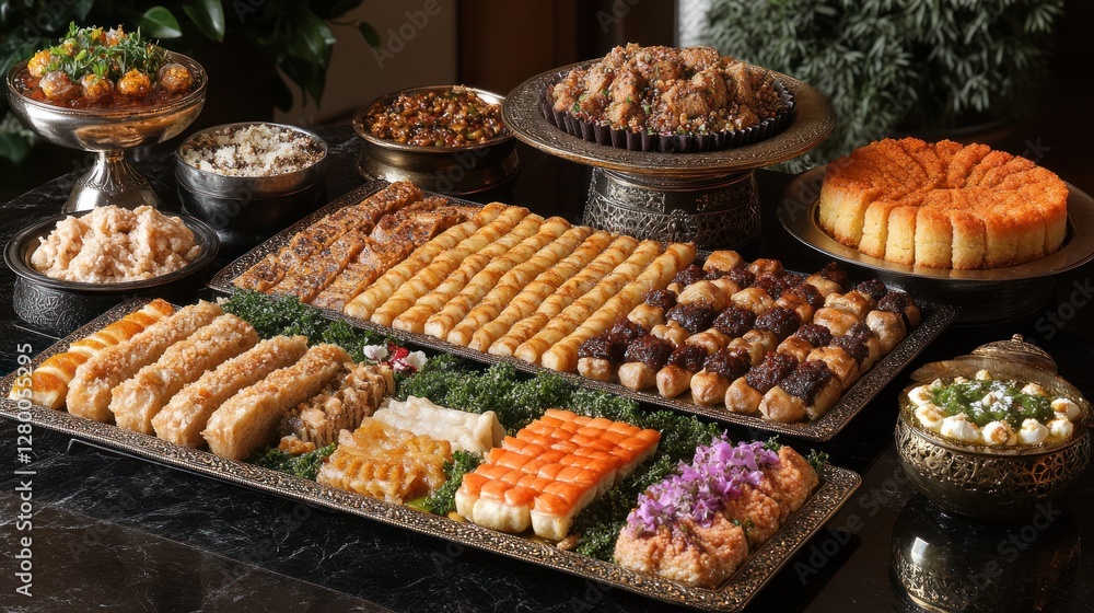 Obraz premium Lavish buffet table showcasing a variety of delicious Middle Eastern and Asian sweets and savory dishes.