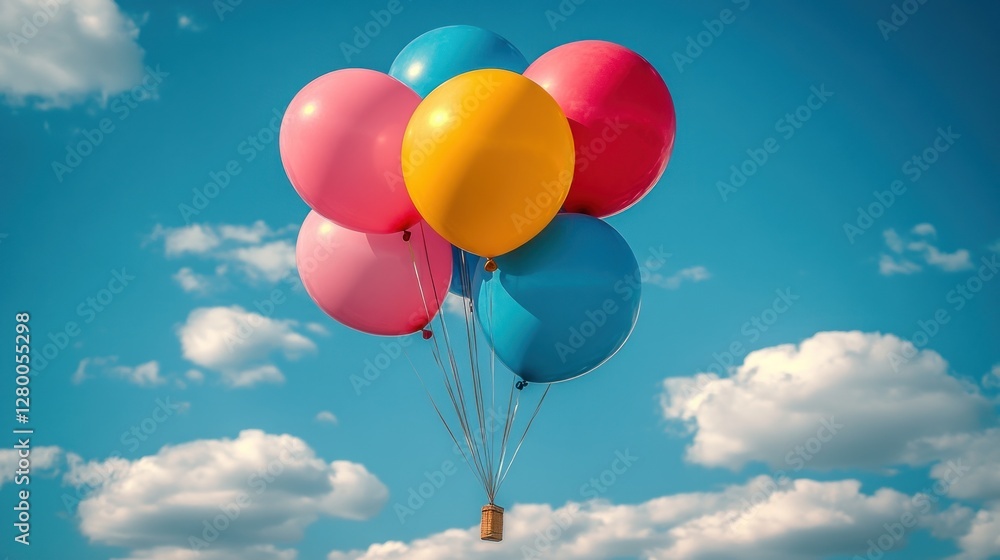 Colorful balloons floating in a clear blue sky with fluffy white clouds. Colorful balloons floating in a clear blue sky with fluffy white clouds.