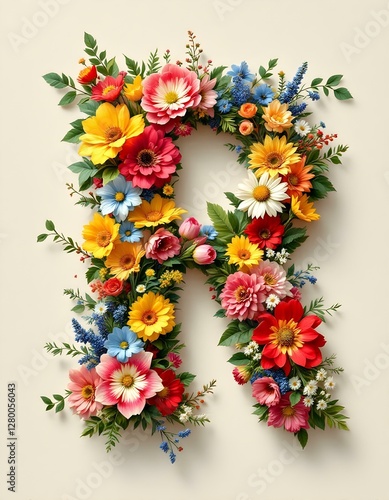 letter, R, floral, flowers, vibrant, colorful, artistic, elegant, design, organic, natural, red, yellow, pink, blue, white, blooms, green, leaves, accents, beige, background, soft, texture, warm,
