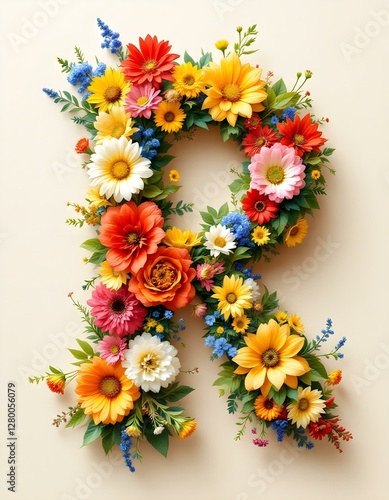 letter, R, floral, flowers, vibrant, colorful, artistic, elegant, design, organic, natural, red, yellow, pink, blue, white, blooms, green, leaves, accents, beige, background, soft, texture, warm,