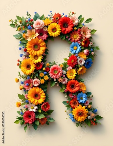 letter, R, floral, flowers, vibrant, colorful, artistic, elegant, design, organic, natural, red, yellow, pink, blue, white, blooms, green, leaves, accents, beige, background, soft, texture, warm,