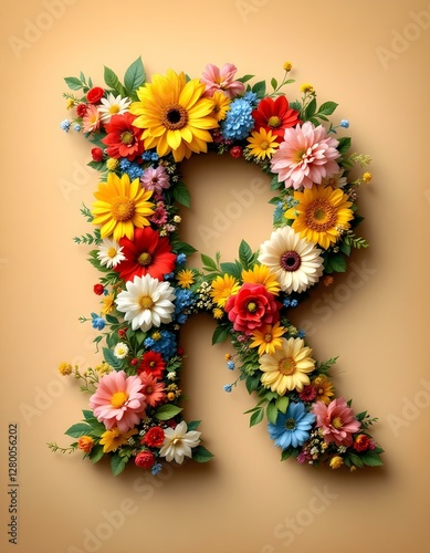 letter, R, floral, flowers, vibrant, colorful, artistic, elegant, design, organic, natural, red, yellow, pink, blue, white, blooms, green, leaves, accents, beige, background, soft, texture, warm,