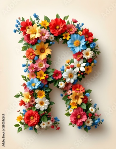 letter, R, floral, flowers, vibrant, colorful, artistic, elegant, design, organic, natural, red, yellow, pink, blue, white, blooms, green, leaves, accents, beige, background, soft, texture, warm,