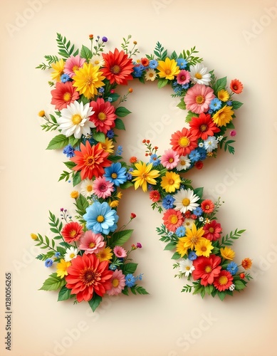 letter, R, floral, flowers, vibrant, colorful, artistic, elegant, design, organic, natural, red, yellow, pink, blue, white, blooms, green, leaves, accents, beige, background, soft, texture, warm,