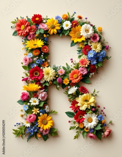 letter, R, floral, flowers, vibrant, colorful, artistic, elegant, design, organic, natural, red, yellow, pink, blue, white, blooms, green, leaves, accents, beige, background, soft, texture, warm,