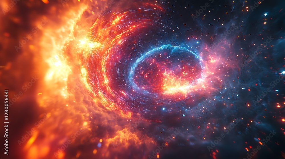 Obraz premium A cyber brain releasing radiant quantum data streams into an infinite void, glowing circuits pulsating with multicolored energy, surrounded by swirling particles and holographic elements,