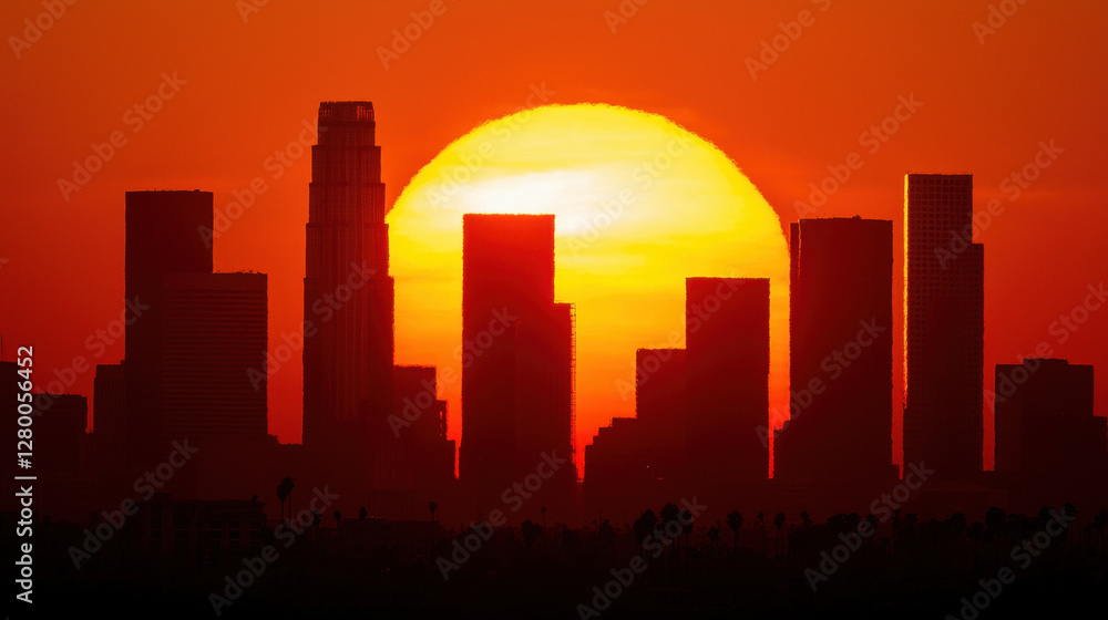 Fototapeta premium Environmental crisis. Silhouette of a city skyline against a vibrant sunset backdrop.