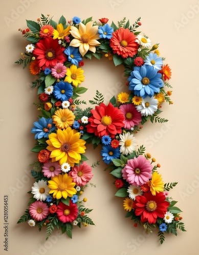 letter, R, floral, flowers, vibrant, colorful, artistic, elegant, design, organic, natural, red, yellow, pink, blue, white, blooms, green, leaves, accents, beige, background, soft, texture, warm,