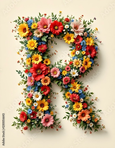 letter, R, floral, flowers, vibrant, colorful, artistic, elegant, design, organic, natural, red, yellow, pink, blue, white, blooms, green, leaves, accents, beige, background, soft, texture, warm,
