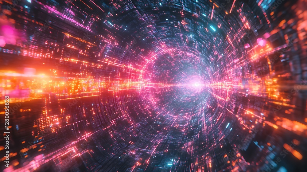Fototapeta premium A cyber brain’s glowing quantum computing circuits, intricate pathways illuminated by pulsating light, surrounded by swirling energy trails and holographic grids,