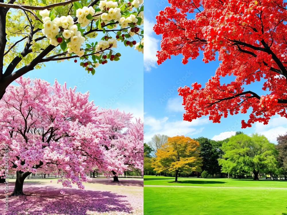 Naklejka premium Cherry trees in Hurd Park showcasing the four seasons in Dover, New Jersey, seasons, four seasons, spring