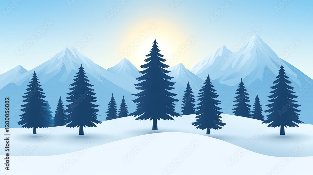 Fototapeta premium Serene winter landscape with mountain peaks and evergreen trees perfect for holiday greetings and seasonal designs featuring snowy beauty
